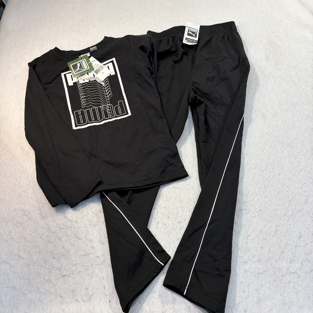 PUMA Boys Black Activewear Outfit Set Long Sleeve Shirt Pants Size Small NWT